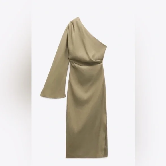 Zara Khaki Asymmetric Linen Blend Midi Dress - Picture 1 of 7